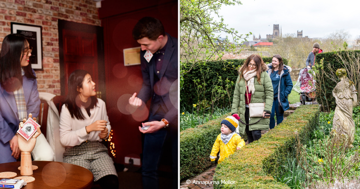 Two woman with magician at The Magic Corner and family walking in Crook Hall gardens.